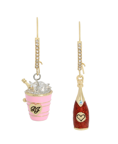 Betsey Johnson Faux Stone Champagne Mismatch Dangle Earrings In Pink,gold