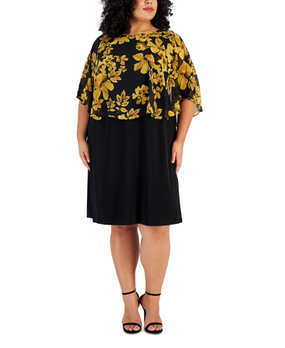 Connected Plus Size Printed Overlay Sheath Dress In Mustard