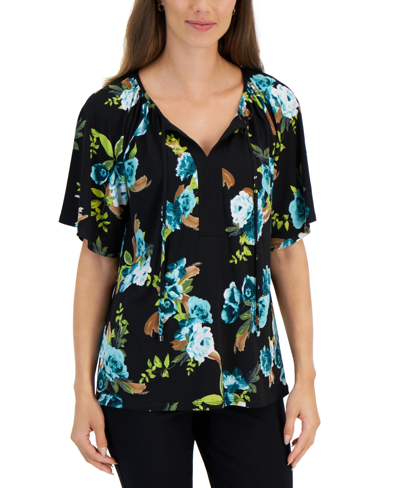 Jm Collection Women's Flourishing Floral Split-neck Top, Created For Macy's In Deep Black Combo