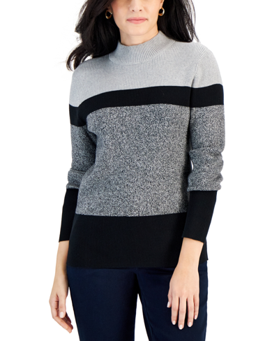 Karen Scott Women's Elsa Cotton Colorblocked Mock-neck Sweater, Created For Macy's In Deep Black Combo