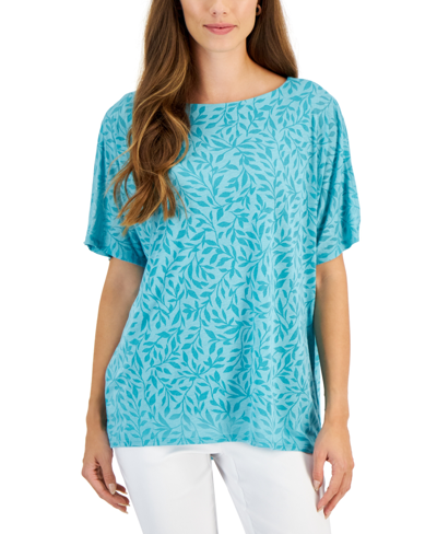 Jm Collection Women's Printed Boat-neck Split-sleeve Top, Created For Macy's In Seascape Combo