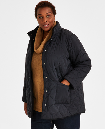 Style & Co Plus Size Reversible Quilted Sherpa Jacket, Created For Macy's In Deep Black