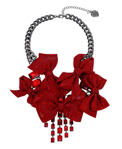 Betsey Johnson Faux Stone Pave Bow Bib Necklace In Red,hematite