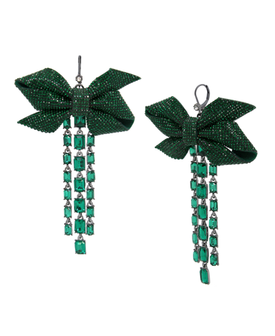 Betsey Johnson Faux Stone Pave Bow Fringe Earrings In Emerald,hematite