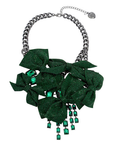 Betsey Johnson Faux Stone Pave Bow Bib Necklace In Emerald,hematite