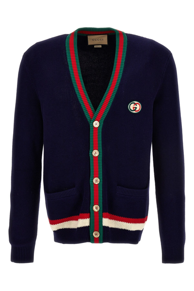 Gucci Men Logo Embroidery Cardigan In Blue