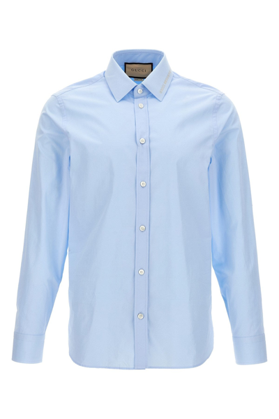 Gucci Men Logo Embroidery Shirt In Blue