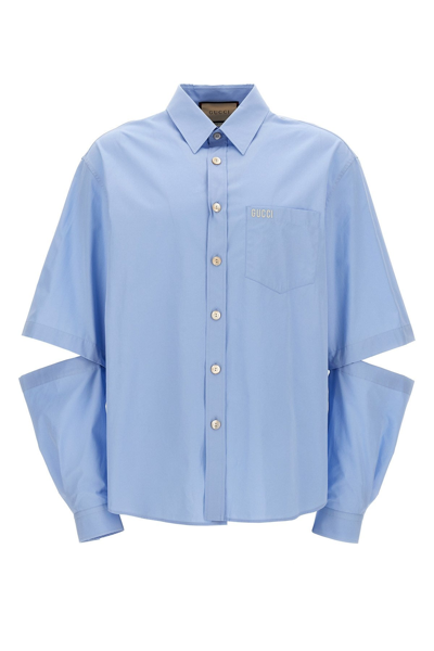 Gucci Logo Embroidered Poplin Shirt In Blue