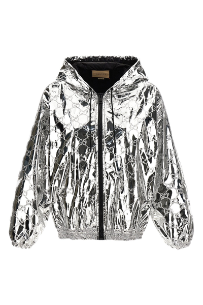 Gucci Gg Embossed Bomber Jacket In Silver
