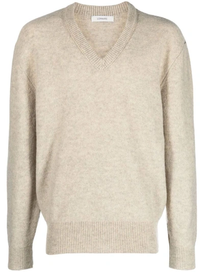 Lemaire Beige V-neck Sweater In Wh Chalk