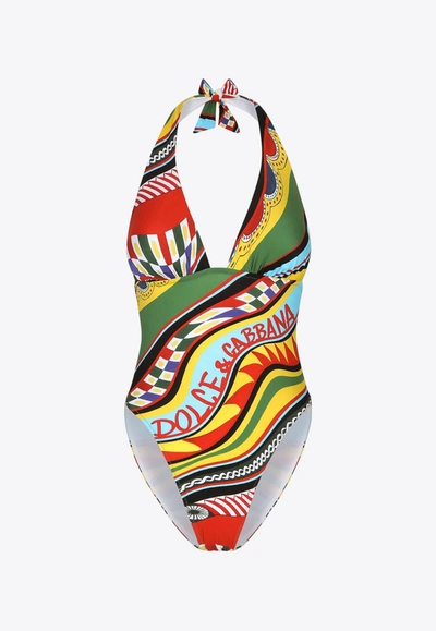 Dolce & Gabbana Carretto Print Halterneck One-piece Swimsuit In Multicolor