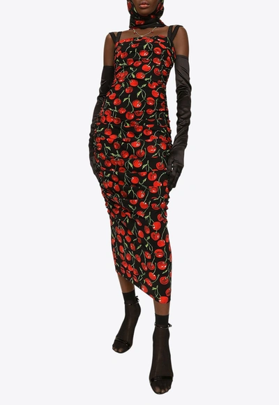 Dolce & Gabbana Cherry-print Sweetheart-neck Woven Midi Dress In Black
