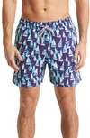 Tom & Teddy Boat Print Swim Trunks In Mulberry & Blue