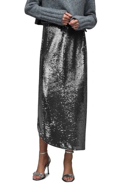 Allsaints Opal Sparkle Sequin Midi Skirt In City Smoke Gre