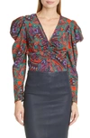 Veronica Beard Simmons Printed Ruched Blouse In Flame Red Multi