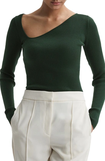 Reiss Womens Green Sasha Asymmetric-neck Stretch-knit Top