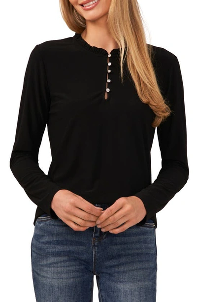 Cece Ruffle Trim Knit Henley In Black