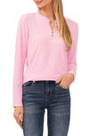 Cece Ruffle Trim Knit Henley In Powder Pink