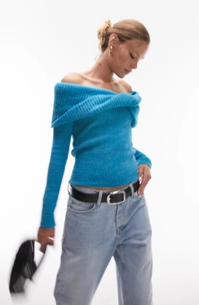Topshop Chunky Off The Shoulder Sweater In Mid Blue