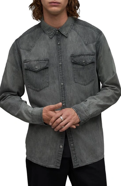 Allsaints Orbit Snap Front Chambray Shirt In Washed Grey