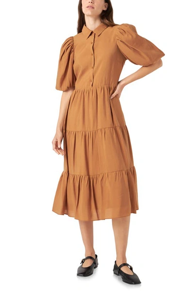 English Factory Tiered Midi Shirtdress In Brown