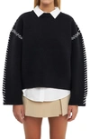 English Factory Whipstitch Accent Crewneck Sweater In Black/ White