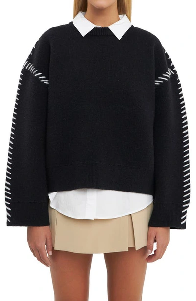 English Factory Whipstitch Accent Crewneck Sweater In Black/ White