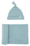 Little Unicorn Stretch Knit Hat & Swaddle Set In Blue
