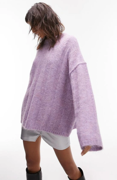 Topshop Knit Slouchy Exposed Seam Fluffy Wide Rib Sweater In Mauve-purple