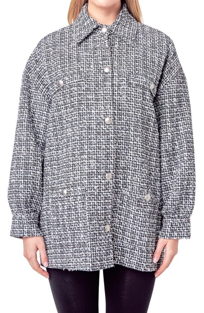 English Factory Tweed Button-up Shirt Jacket In Black,white