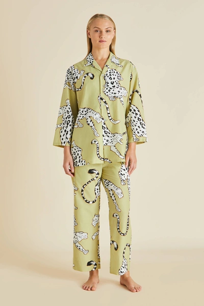Olivia Von Halle Casablanca Mungo Green Leopard Cotton-silk Pyjamas