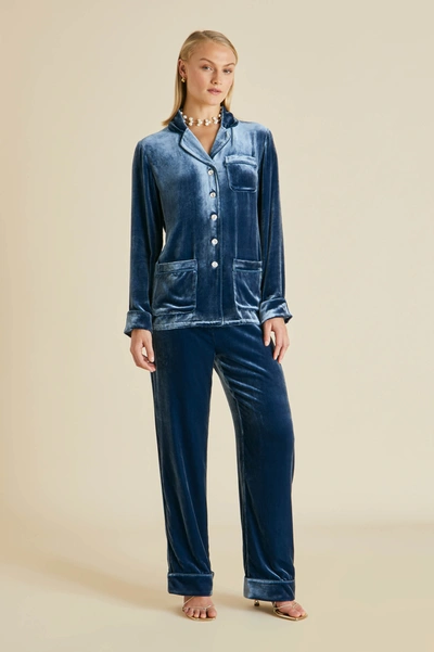 Olivia Von Halle Coco Straight-leg Silk Velvet Pajama Set In Steel