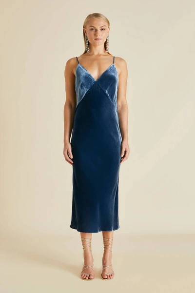 Olivia Von Halle Issa Steel Blue Silk Velvet Slip Dress