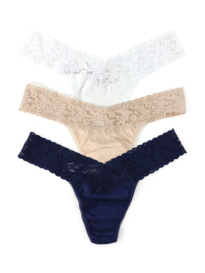 Hanky Panky 3 Pack Supima® Cotton Low Rise Thongs With Lace White/chai/navy In Brown