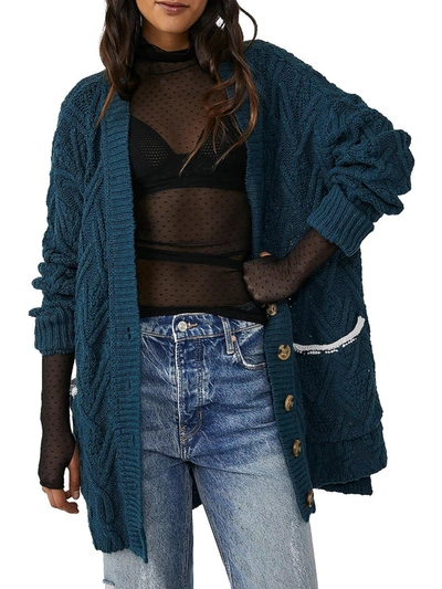 Free People Womens Knit Cold Weather Cardigan Sweater In Blue