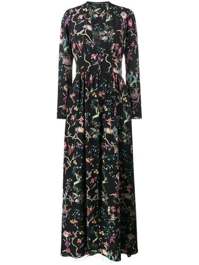 Etro Mythical Floral Long-sleeve Lace-inset Gown, Black