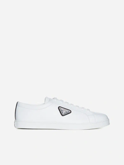 Prada Logo Leather Sneaker In White,black