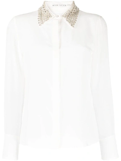 Alice And Olivia Willa Embellished Silk Placket Top In Off White