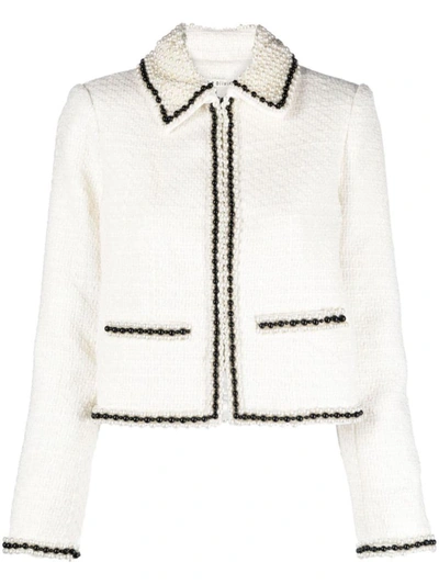 Alice And Olivia Kidman Cropped Bead-embellished Tweed Jacket In White