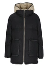 Brunello Cucinelli Long Down Jacket In Soft Wool Padded With Real Goose Down With Detachable Front With Hood. In Grey