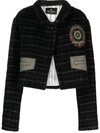 Etro Black Cropped Jacket With Embroidery And Check Motif In Wool Blend Woman In Black