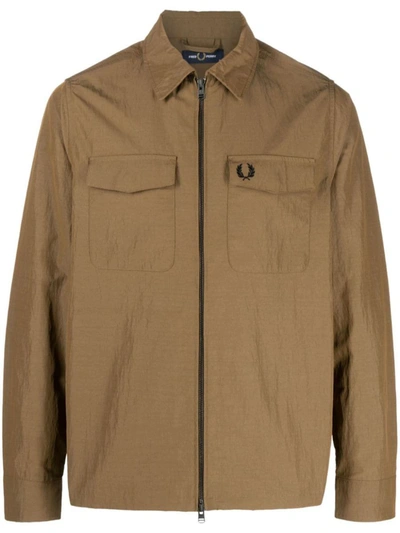 Fred Perry Logo Nylon Overshirt In Beige
