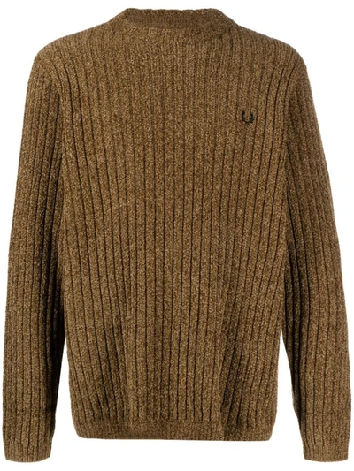 Fred Perry Logo Chenille Crewneck Jumper In Beige