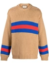 Gucci Camel Brown Crewneck Sweater With Web Intarsia In Wool And Mohair Man In Multi