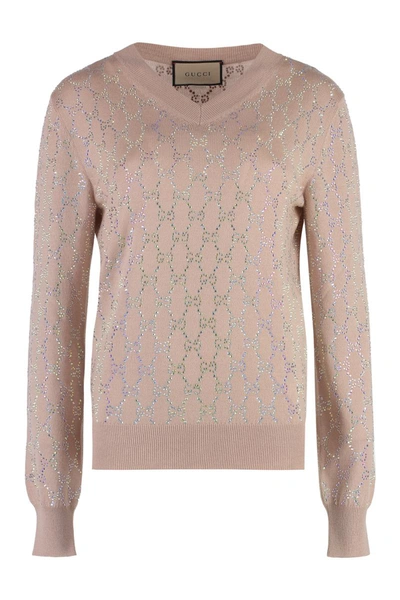 Gucci Wool V-neck Sweater In Pale Pink