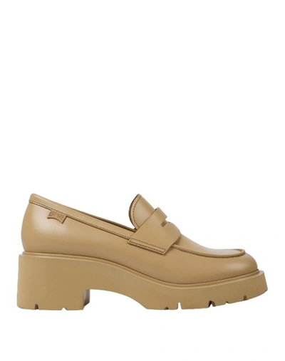 Camper Milah Leather Heeled Loafer Shoes In Khaki