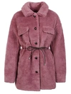 Molliolli Pink Faux Fur Jacket With Button Closure And Belt For Women In Pink