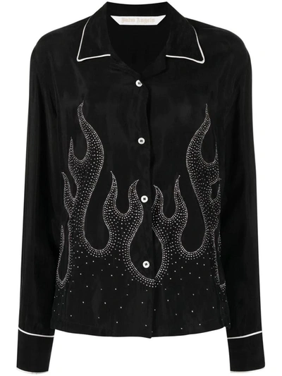 Palm Angels Flame-embroidered Shirt Crystal Embellishments In Black