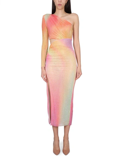 strapless open back dress Asymmetrical Paosa satin dress in orange and pink main image 1