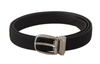 DOLCE & GABBANA BLACK CALF CANVAS SILVER TONE LOGO METAL BELT